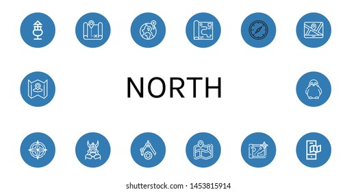 Set of north icons such as Mai thai, Map, World, Compass, Viking, Penguin , north