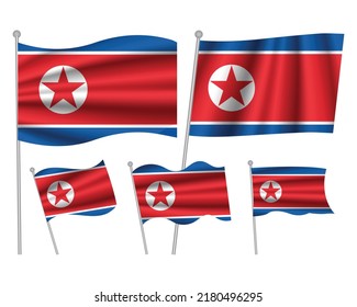 Set North Korea flags, banners, banners, symbols, flat icon. Vector illustration of collection of national symbols on various objects and state signs
