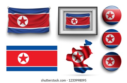 set of North Korea flags collection isolated on white