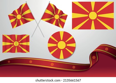 Set Of North Macedonia Flags In Different Designs, Icon, Flaying Flags With ribbon With Background.