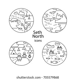 Set North with the national symbols of the North, the deer, the inhabitants of the North in national costumes, fish and national housing. Vector illustration. Eps 10
