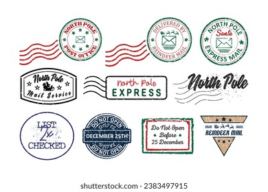 Set of north pole post Santa gift rubber stamp badge, label, postmark designs on white background