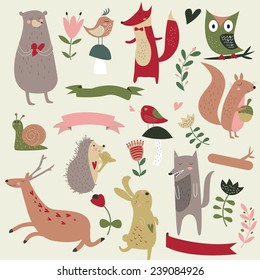 Set of north wood animals in cartoon style. Cute bear, fox, owl, birds, hare, wolf, snail, hedgehog, deer, squirrel and flowers.