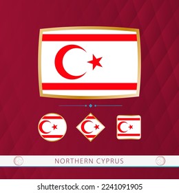 Set of Northern Cyprus flags with gold frame for use at sporting events on a burgundy abstract background. Vector collection of flags.