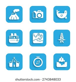 Set Northern lights, Compass, Iceberg, Lupine flower, Church building, Cruise ship, Fur seal animal and Volcano icon. Vector