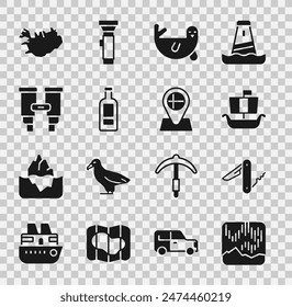 Set Northern lights, Swiss army knife, Viking ship Drakkar, Fur seal animal, Bottle of vodka, Binoculars, Map Iceland and Location flag icon. Vector