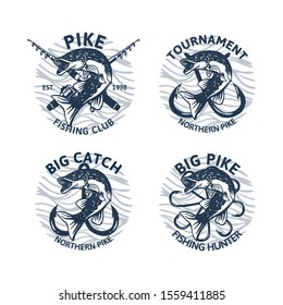 set of northern pike fishing logo club tournament big catch, vintage emblem badge