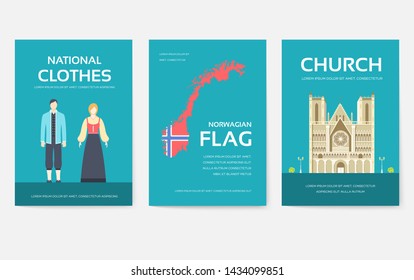 Set of Norway country ornament travel tour concept. Monument traditional, magazine, book, poster, abstract, element. Vector decorative ethnic greeting card or invitation design