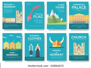 Set of Norway country ornament travel tour concept. Monument traditional, magazine, book, poster, abstract, element. Vector decorative ethnic greeting card or invitation design background