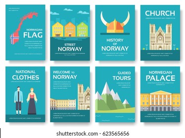 Set of Norway country ornament travel tour concept. Monument traditional, magazine, book, poster, abstract, element. Vector decorative ethnic greeting card or invitation design background