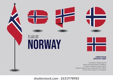 Set of Norway flag in 5 designs: flag on pole, brush stroke, skew, round and standard. vector, flat, isolated on grey background. Perfect for various design projects