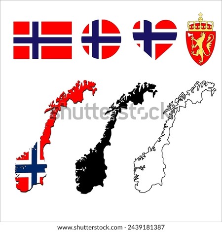 Set of Norway flag and coat of arms icons. National flag of the Kingdom of Norway