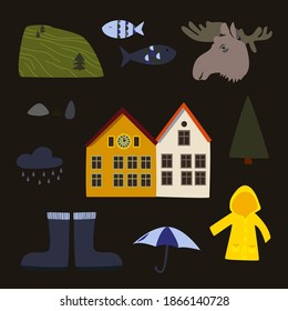 Set of norway illustrations. Cute nordic scandinavian design elements. Rain coat, oslo houses, fish, mountain, elk