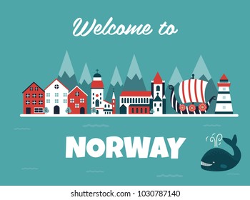 Set of Norway landmarks. Welcome to Oslo template. Suitable for travel guides, books, tourist leaflets