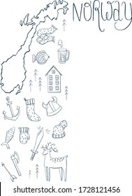 Set of Norway map, icon, doodles. Hand drawn sketched. Vector Illustration.