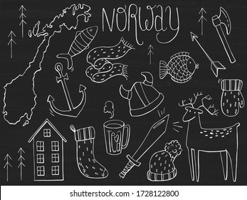 Conjunto de mapas de Noruega, ícono, garabatos en pizarra. Dibujado a mano. Ilustración vectorial.