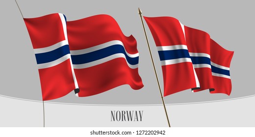 Set of Norway waving flag on isolated background vector illustration. Red blue cross of Norway wavy horizontal realistic flag on pole mockup 