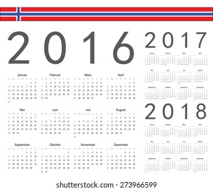 Set of Norwegian 2016, 2017, 2018 year vector calendars. Week starts from Sunday.