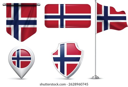 Set of Norwegian Flags in Different Shapes and Styles