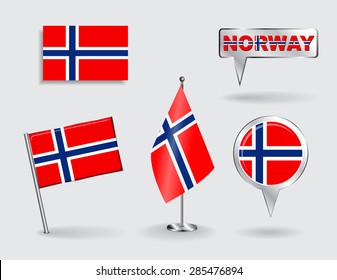 Set of Norwegian pin, icon and map pointer flags. Vector illustration.
