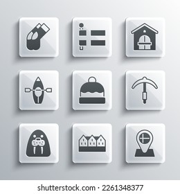 Set Norwegian wooden house, Location flag Iceland, Pickaxe, Beanie hat, Walrus animal, Kayak paddle, Socks and Farm icon. Vector