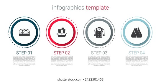 Set Norwegian wooden house, Viking ship Drakkar, Sweater and Mountains. Business infographic template. Vector