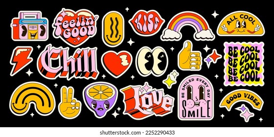 Set of nostalgic pop art sticker pack. Collection of funny and cute emoji and vintage lettering badges and graphic elements isolated on black background. Vector illustration - Shutterstock ID 2252290433