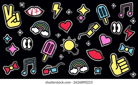 Set of nostalgic pop art sticker. Collection of funny vintage badges and graphic elements isolated on black background. Vector illustration