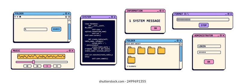 Satz nostalgischer Fenster mit Ordnern. Retro-Benutzeroberfläche für Musikwiedergabe. Altes Dateisystem im Vintage-Stil.