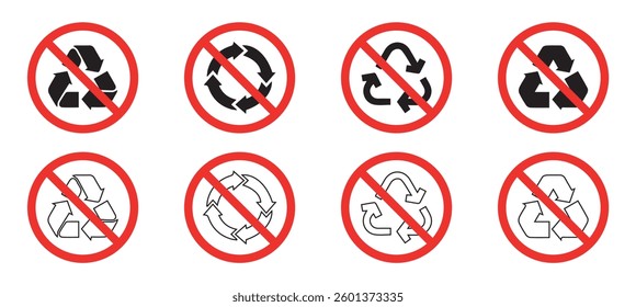 Set of a not allowed icon with a recycle sign. do not recycle illustration design. Arrows recycle and no recycle icons