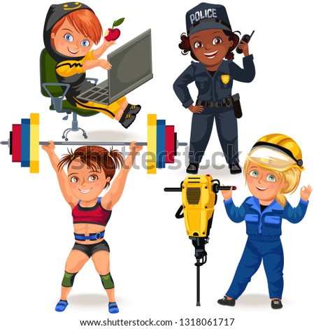 Set of Not female professions, strong woman police officer and builder in uniform , safety secutiry girl police officer, feminists workers programming code, power lifting vector illustration