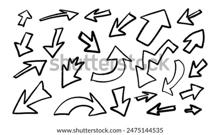 Set of not neatly drawn arrows in child or doodle style isolated on white background. Vector design elements.