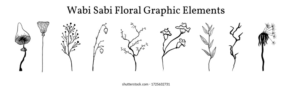 Set not perfect black graphic simple plants elements for your design. Silhouettes  branches,  mushroom,  old dandelion and lotus.  Illustration isolated on white. Hand drawing vector asia sign, symbol