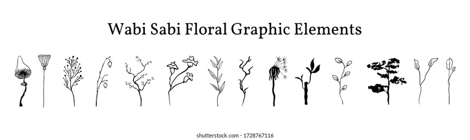 Set not perfect black graphic simple plants elements for your design. Silhouettes  branches,  ginkgo biloba leaf, lotus, bonsai, mushroom, old dandelion and bamboo.  Illustration isolated on white. 