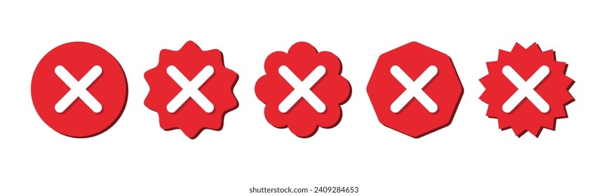Set of not verified badge. wrong vector. Set of wrong symbol in zig zag style with red and white color and shadow, Social media official account not verified symbol, Vector icon