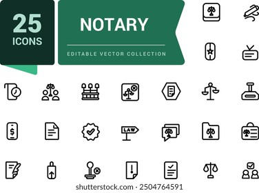 Set of notary icons. Related to legal, law, juridical, attorney and more. Pixel perfect, minimalistic web and UI icon. Outline icon collections.