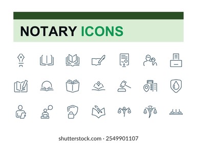 Set of notary line icons. Related to bubble, barrister, glow, contract, flyer, legal, book and more. Thin outline icons pack. Editable vector illustration.