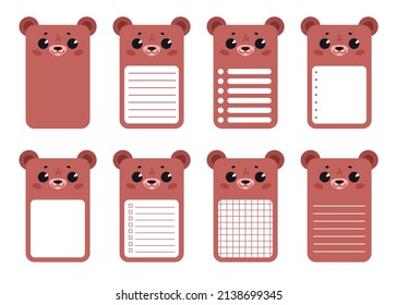 A set of note cards with a cute bear.  Rectangular cards for post-it notes, notes, to-do list and diary. Ruled, checkered, blank space for text.