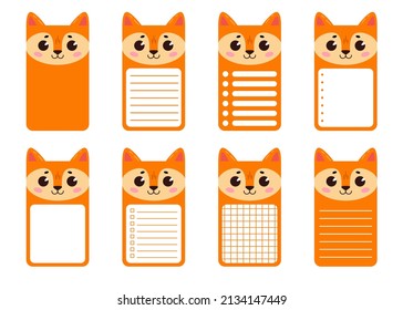 A set of note cards with a cute fox.  Rectangular cards for post-it notes, notes, to-do list and diary. Ruled, checkered, blank space for text.  