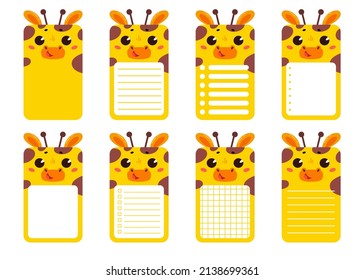 A set of note cards with a cute giraffe.  Rectangular cards for post-it notes, notes, to-do list and diary. Ruled, checkered, blank space for text.
