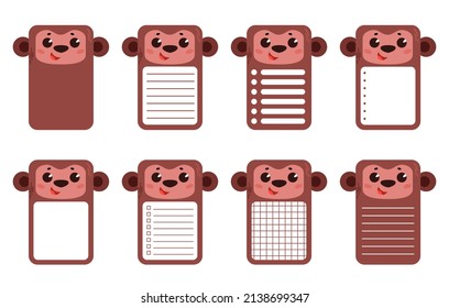 A set of note cards with a cute monkey.  Rectangular cards for post-it notes, notes, to-do list and diary. Ruled, checkered, blank space for text.