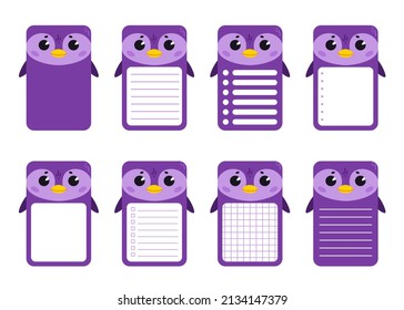 Set of note cards with a cute penguin.  Rectangular cards for post-it notes, notes, to-do list and diary. Ruled, checkered, blank space for text.  