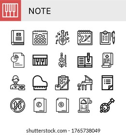 Set of note icons. Such as Piano, Contact book, Wedding date, Music, Sketchbook, Checklist, Document, Violin, Notebook, Medical report, Reception, Grand piano, To do list , note icons