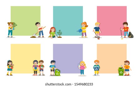 Set Note of Kids planted and watering young trees, gathering garbage and plastic waste for recycling. Save Earth. Template for advertising brochure.