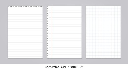 Set of note, notebook lined, squared paper stuck on grey background. Vector illustration