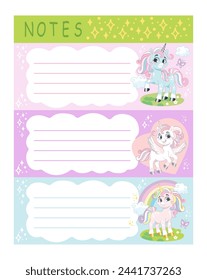 Set of note pages with cute cartoon unicorns. Notes and to do list. Lined memo pages with magic horses. Vector illustration. Ready to print design of organizer sheets