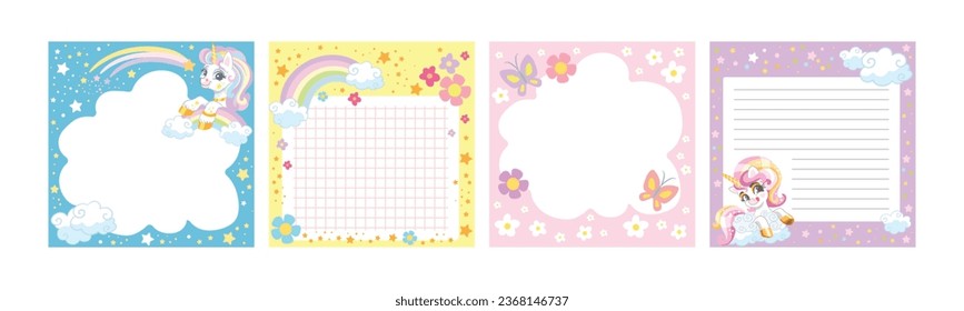 Set of note pages with rainbow cute unicorns. Notes and to do list. Memo pages checkered and lined with magic horses. Printable collection of organizer sheets. Vector illustration.