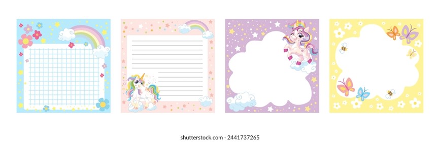 Set of note pages with rainbow cute unicorns. Notes and to do list. Memo pages checkered, lined and empty with magic horses. Vector illustration. Ready to print design of organizer sheets