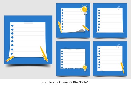 Set of Note paper with blue background. Editable square banner for quotes, information, question, tips and trick. Usable for social media post, card, and web.