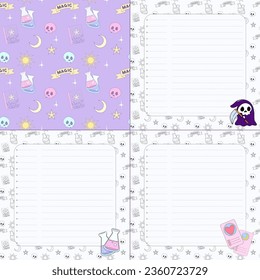Set note paper notebook notepad blank square letter paper with cover vector witches cartoon character with cat in the hat skull poison